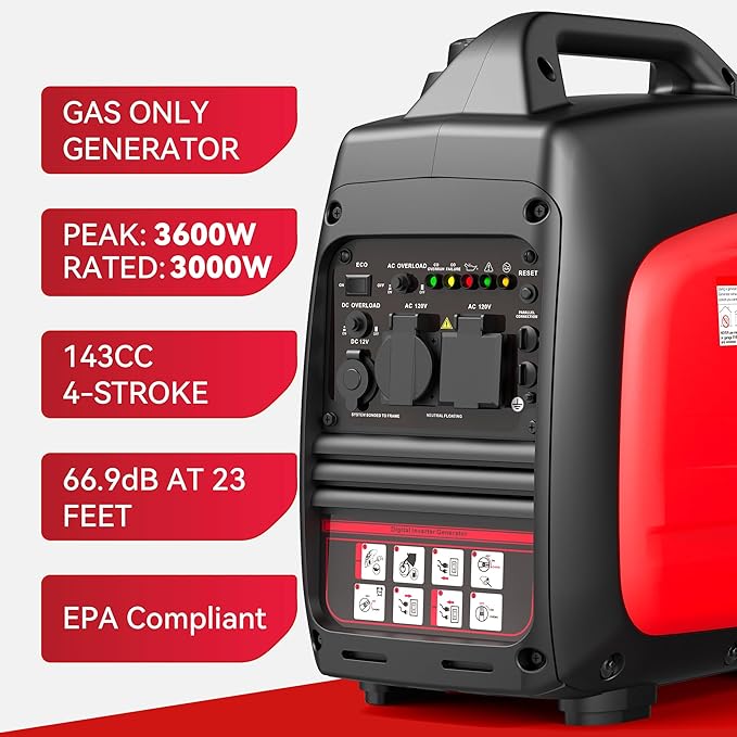 3600W Portable Generator Super Quiet Inverter Generator Ultra Lightweight for Home Backup Outdoor Camping, CO Sensor Protect, EPA, ECO Mode