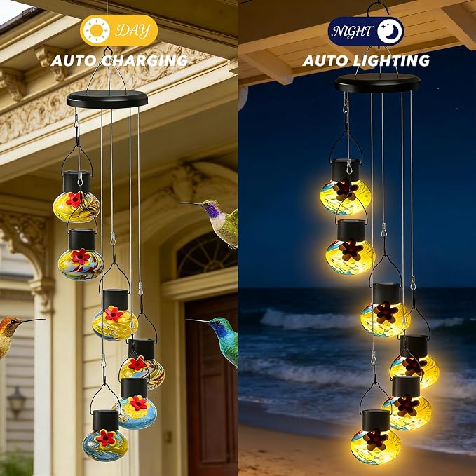 Solar-Powered Hummingbird Feeder with Wind Chime Elegance – 6 Leak-Proof Glass Ports, Frosted Design & Blue Yellow Night Lights – Perfect Outdoor Gift for Nature Enthusiasts