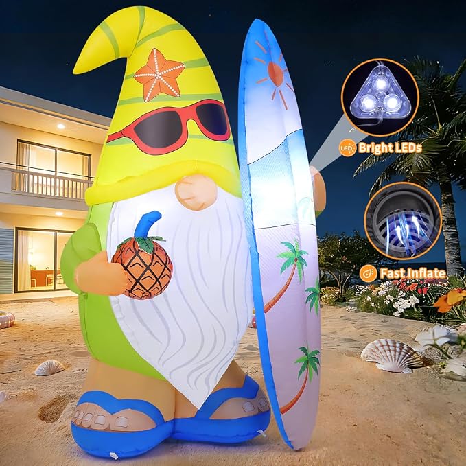 GOOSH 5.2 FT Summer Inflatables Hawaii Gnome Decorations Outdoor Blow Up Yard with Surfboard&Pineapple Built-in LEDs for Garden Lawn Indoor Party Beach Decor