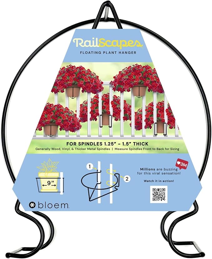 Bloem RailScapes Adjustable Floating Planter Hanger, Fits 1.25”-1.5” Balcony Railing Spindles, 3-Pack