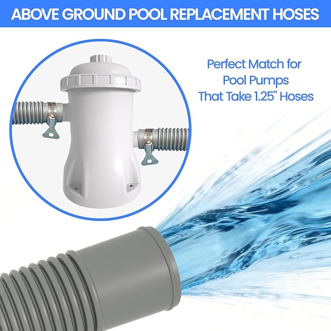 Poolvio Pool Hoses for Above Ground Pools 1.25" Diameter x 59" Long, 3-Pack, Heavy Duty UV Resistant & Leak-Proof Pool Pump Hoses with 6 Metal Thumb Clamps, Fits Intex Filter Pump 607/637