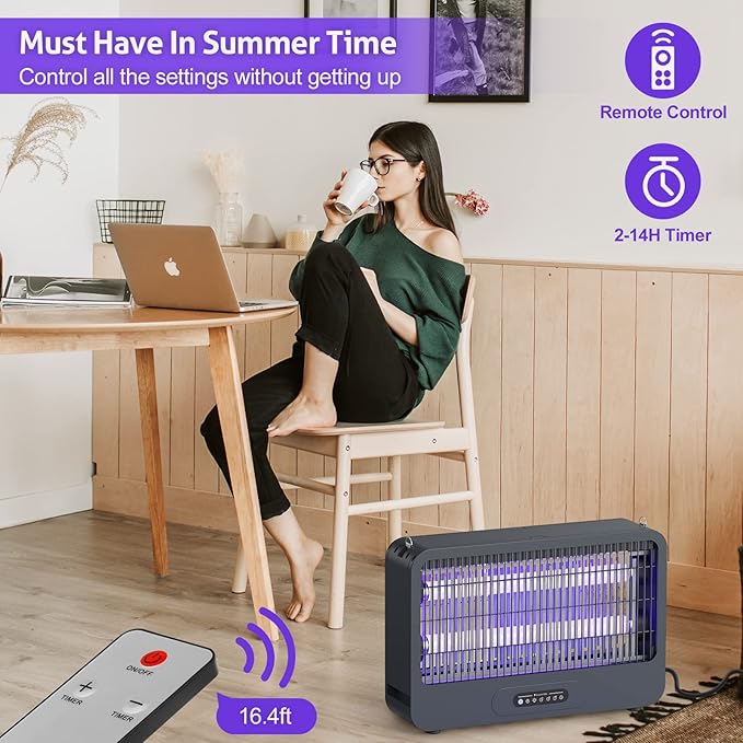 Electric Bug Zapper Indoor, Mosquito Zapper with 3500V Powerful Dual Grid & Remote, Fly Zapper Fly Trap Insect Killer for Patio Yard Home Kitchen Camping - Including 2 Replacement Bulbs (Grey)