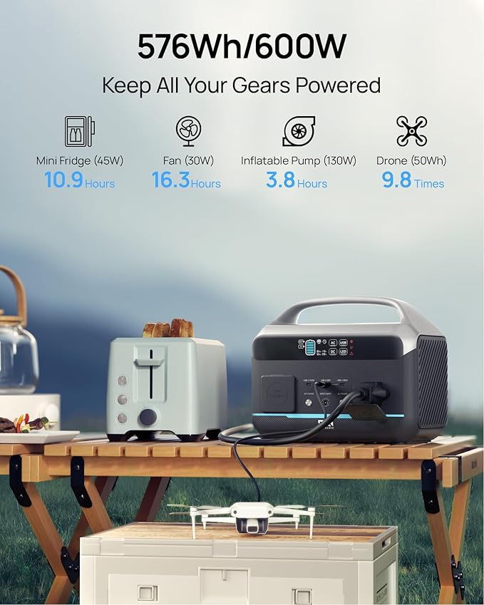 DaranEner Portable Power Station 600W (1200W Surge), 576Wh LiFePO4 Battery Generator, 550W Fast AC Charging, USB-C 100W, Power Backup for Camping, RV, Home Power Outage & Emergency