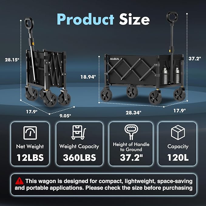 Collapsible Foldable Wagon with Wheels Heavy Duty Folding Wagons Carts 360LBS Weight Capacity Portable All Terrain Utility Wagon Cart for Groceries Sports Garden Shopping Beach