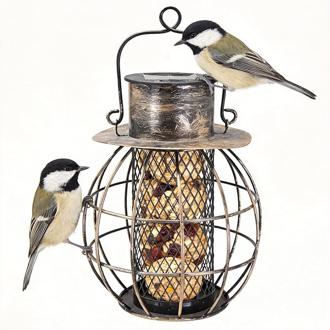 Heavy Duty Metal Bird Feeder for Outside, Retro Lantern Shape,Squirrel Proof Bird Feeder for Wild Birds,Solar Lantern for for Garden Decor,Unique Gifts for Mom, Grandma (Bronze)