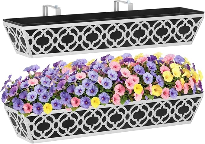 HFHOME 2 Pack 30 Inch Railing Planter Boxes with Adjustable Brackets & Non-Woven Fabric Liner Adjustable Gray Metal Window Box Planter for Balcony Deck Fence, Hanging Flower Basket for Outdoor Garden