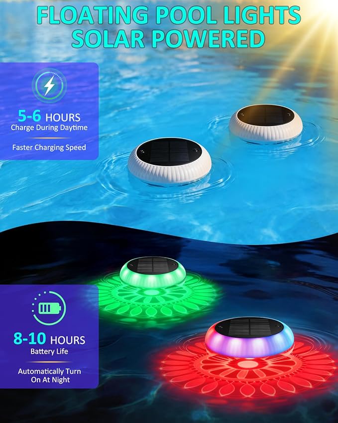 Yogaret Floating Pool Lights Solar-Powered - 4pack 6.42 Inches RGB Upper& Lower Color Changing Solar Pool Lights, IP68 Waterproof Swimming Pools Light for Party Decor, Pond, Garden