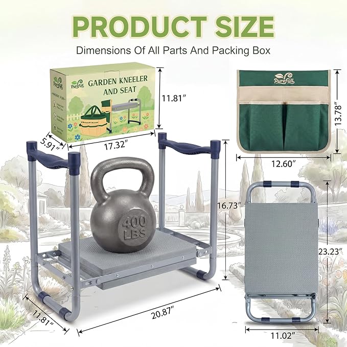 2-in-1 Garden Kneeler and WorkSeats Heavy Duty, Foldable Garden Bench with Wider & Thicker EVA Pad, Portable Gardening Stool with Exclusive Tool Handbag & Color Box, Garden Gifts for Senior