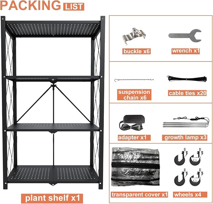 Indoor Greenhouse with Grow Light, 4-Tier Foldable Metal Plant Shelf with Full Spectrum 6000K Growing Lamps and Tent, Mini Greenhouse Cabinet with Timer for Seed Starting (28.2"x14.2"x50")