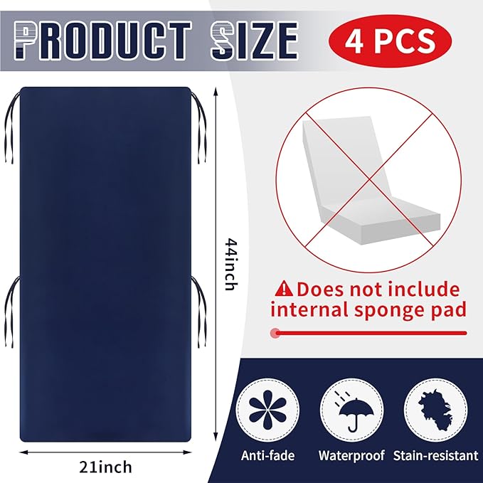 Tudomro 4 Pcs Outdoor High Back Chair Cushion Covers (Not Includes Cushion) Waterproof Patio Replacement Rocking Chair Slipcover Seat Pad Cover with Tie for Furniture (Navy Blue,44'' X 21'')