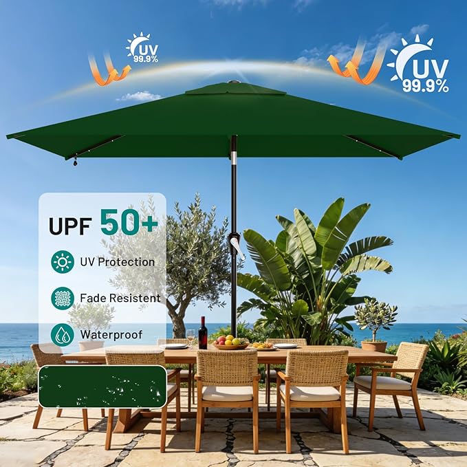 AreShark 6.5' x 10' Rectangular Patio Umbrella with Solar Lights, Solar Powered Lighted Market Umbrella w/Tilt and Crank, Outdoor Table Umbrella for Garden, Deck, Backyard, Pool, Dark Green