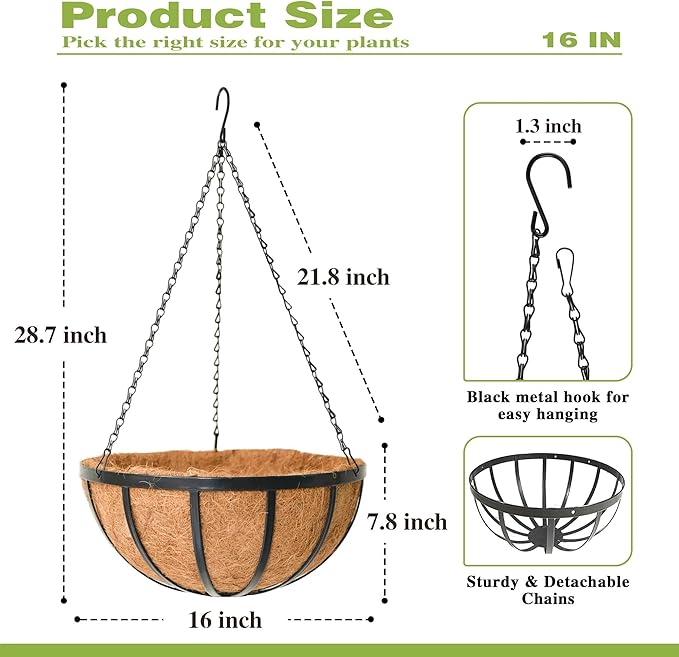 16 Inch Black Flat Iron Metal Hanging Planter Basket with Coco Coir Liner(2 Pack) Hanging Planters for Outdoor Plants Hanging Baskets for Plants Flower Pots for Deck Patio Porch Garden Balcony