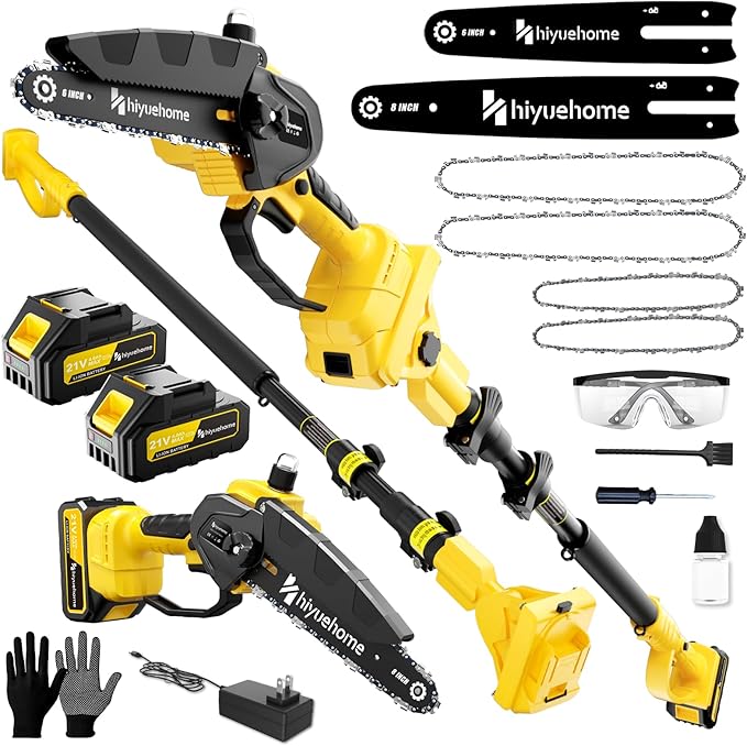 21V Cordless Pole Saw, 4-in-1 180° Rotatable Electric Tree Trimmer with 6/8 Inch Guide Bars,4000mAh Battery & Fast Charger, Telescopic Pole, Brushless Motor for Garden/Farm/Camping