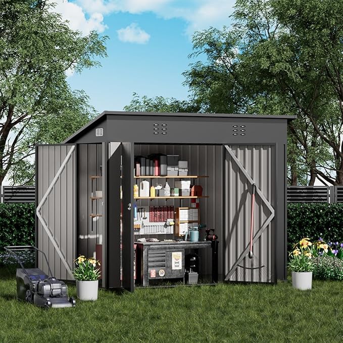 COMHOMA Shed Outdoor Storage Shed Metal,Lockable Doors Tool Sheds with Sloping Roof,Steel Garden Shed with Air Vent for Backyard,Patio,Lawn,Poolside(Grey,8'*4')