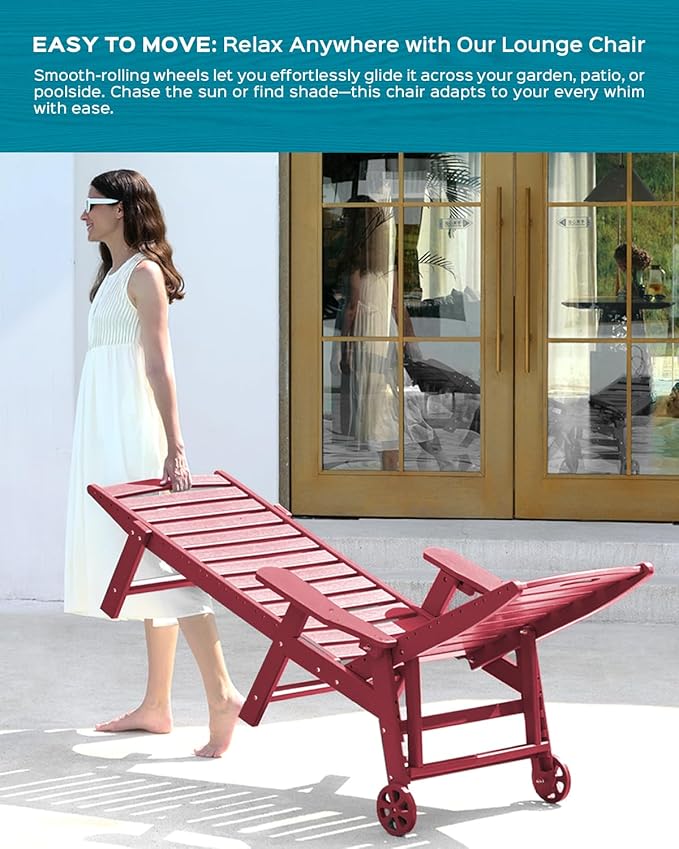 Outdoor Lounge Chair Set of 4, All Weather Patio Chaise Lounge Chair for Outside, HDPE Chair with Rolling Wheels & Cup Holder, 5 Position, Deck, Pool, Red