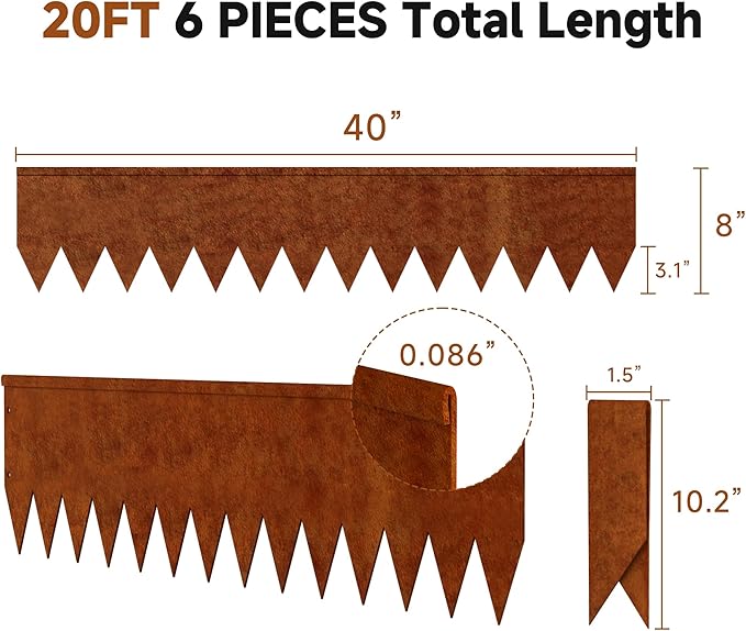 20ft.Cor-Ten Weathering Steel Landscape Edging(6 Pack)-8"x40"- Pre-Rusted Garden Edging with 7 Clips & Gloves - Durable,Flexible, Easy-to-Install for Landscaping,Tree Rings,Lawn & Garden