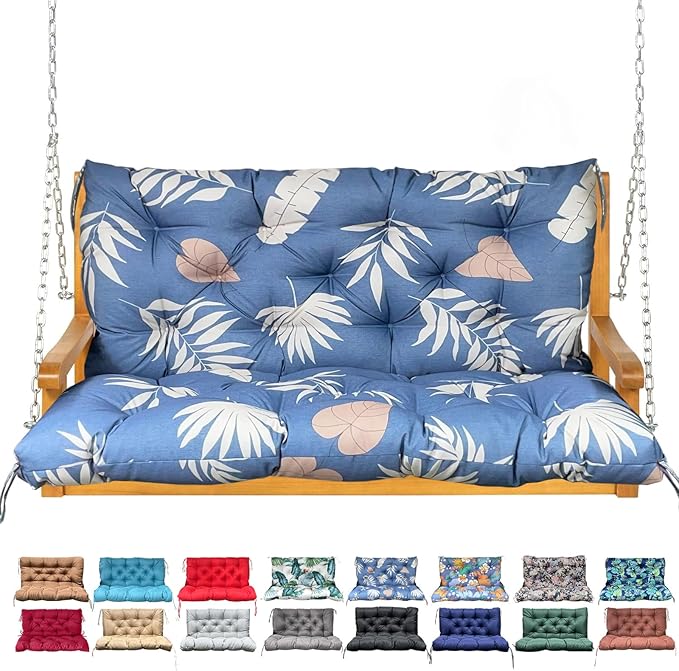 Porch Swing Cushion with Backrest,Waterproof Bench Cushion for Outdoor Furniture,2-3 Seater Replacement Thickened Swing Cushion with Ties,Patio,Outdoor,Backyard and Garden (Tropical Leaf,47x40")