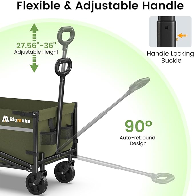 Blomoba Collapsible Wagon Cart, 220LBS Heavy Duty Collapsible Wagon with All-Terrain Wheels 360° Rotation, Flexible Handle, Portable Utility Cart for Grocery Sports Garden Shopping Camping Beach,Green