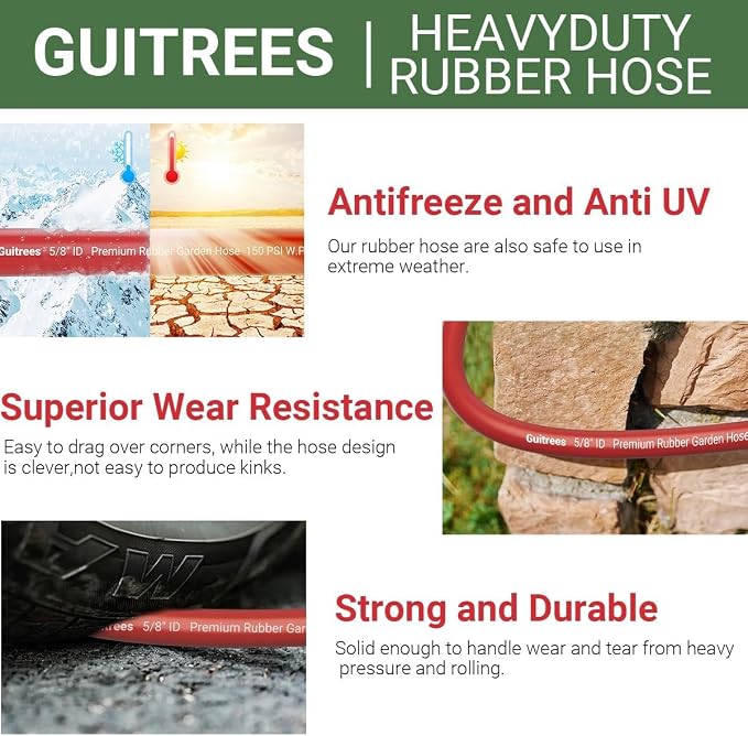 Guitrees 25FT 3/4 Heavy Duty Rubber Garden Hose - 300psi Working, 1000psi Burst - Hot/Cold Water - Five-Layered Braiding for Durability - Versatile for Gardening, Agriculture, Construction(Red)