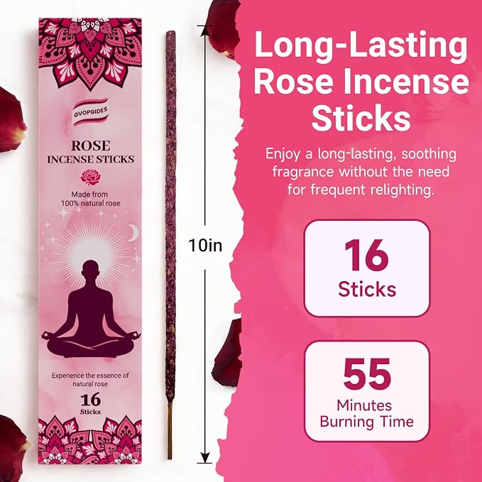 Rose Incense Sticks Natural - 16 Sticks Handcrafted Rose Sticks for Relaxation, Meditation, Yoga, Spiritual Purification & Home Ambiance | inciensos aromaticos para la casa