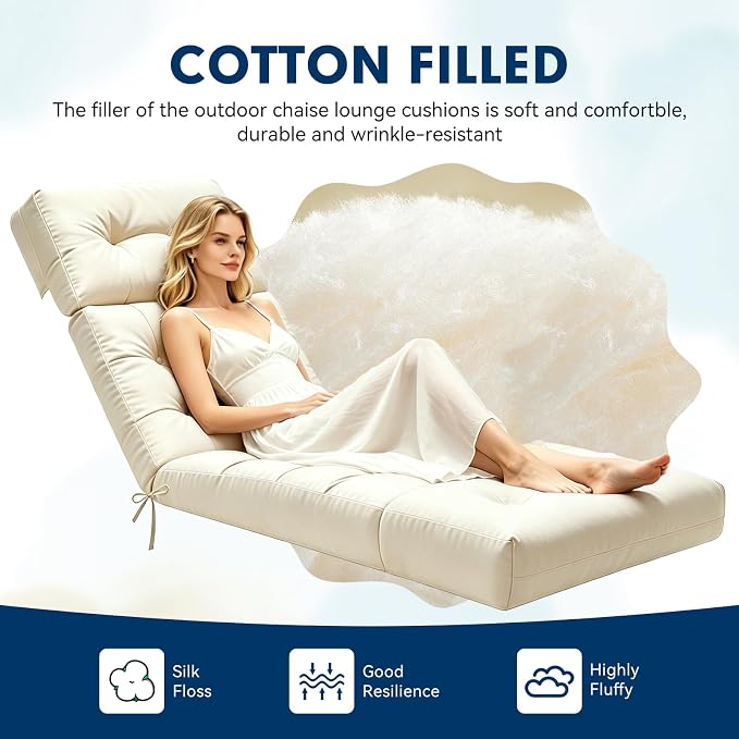 Non-Slip Outdoor Chaise Lounge Chair Cushion, Waterproof 74.4 x 22 x 4.7 Inches Lounge Chair Cushions for Outdoor Patio Furniture with Ties, Pool Chaise Lounge Cushions Replacement, Cream