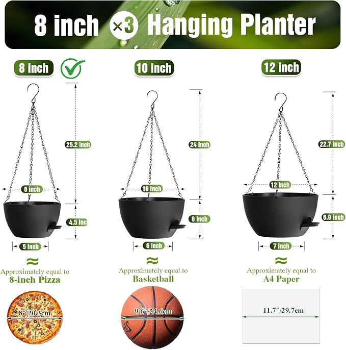 8 Inch Self Watering Hanging Planters, 3 Pack Plastic Plant Pots | Sturdy lightweight pot with side watering lip, drainage holes, snap-on detachable tray & hanging chain for easy care