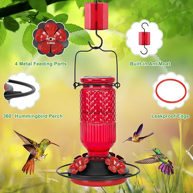 FEED GARDEN Glass Hummingbird Feeder 2 Pack, 16oz Leak-Proof with Ant Moat & Bee Guards, Easy Clean Wide Mouth, Metal Perches, Red Outdoor Hanging