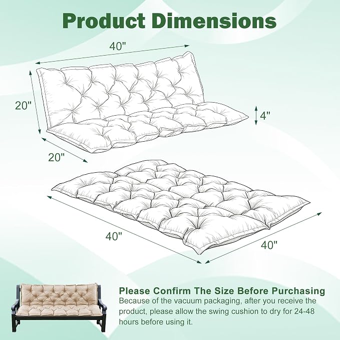 Porch Swing Cushions, 40x40 Inch Swing Cushions for Outdoor Furniture, Waterproof 2 Seater Patio Seat Cushion with Backrest, Replacement Bench Cushion for Glider, Settee, Beige
