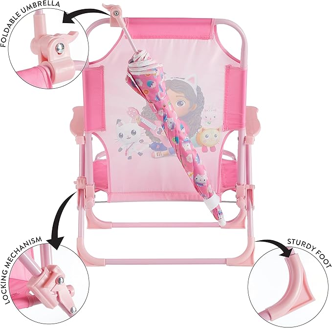 Gabby’s Dollhouse Kids Folding Beach Chair with Umbrella, Outdoor Chair for Girls Ages 3+,Portable, Lightweight, UV Protection - Patio, Pool, Beach Travel Accessory