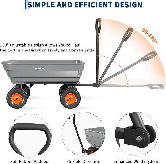 Garvee Poly Garden Dump Cart, Heavy Duty 600lbs Wheelbarrow Yard Cart Dump Wagon with 10”All Terrain Wheels, Garden Utility Wagon with Quick Release System& Convertible Handle Attach to ATV (Gray)