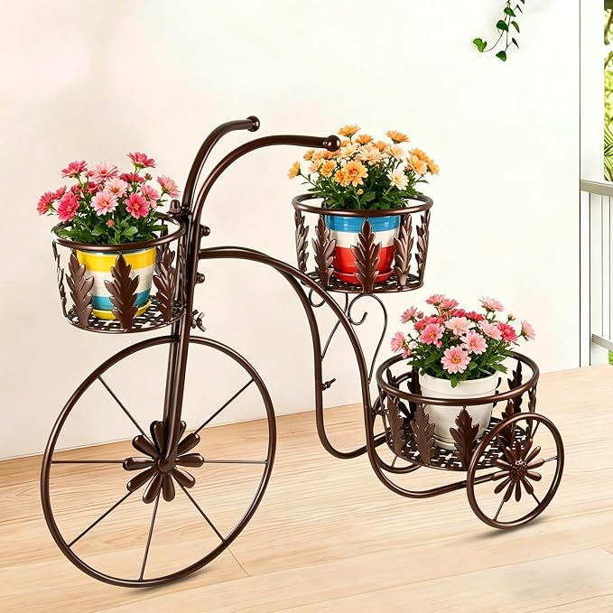 Metal Bicycle Planter Stand, 3 Tier Flower Pot Stand Cart with 3 Plant Buckets, Outdoor Garden Decorative Planter for Yard Patio Lawn Flower Shop Home Decor (Bronze)