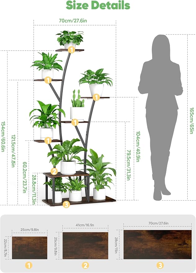 Quikraen 7 Tier Tall Plant Stand with Grow Light For Indoor Plants Growing 60in Indoor Flower Stand Tree-Shaped Plant Shelves for Living Room Patio Black