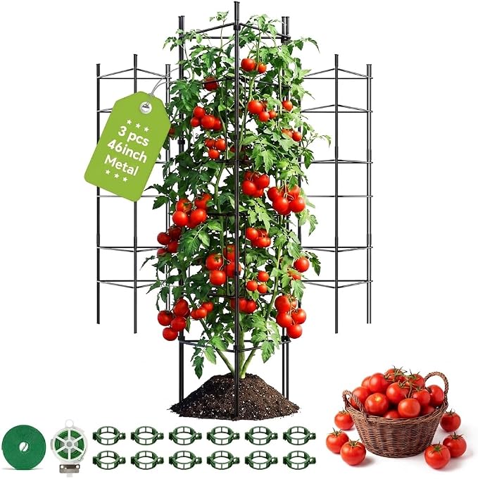 46 Inch Heavy Duty Metal Tomato Cage for Garden - 3 Pack Metal Steel Tomato Cages, Panel-Assembled Garden Trellis, Flexible Shapes Plant Support Set, Rustproof Stackable Trellis for Climbing Plants