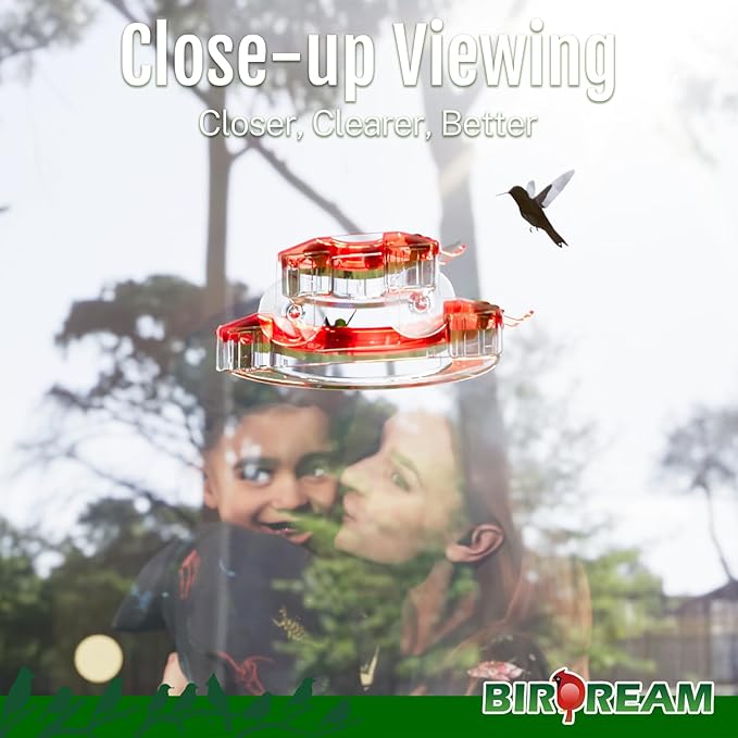 Birdream 2 Pack Window Hummingbird Feeders for Outdoors, with Strong Suction Cups & 7 Feeding Ports, Easy to Refill and Maintain, Gift for Bird Lover, Plastic Bird Feeder, 10oz Per Pack - Red