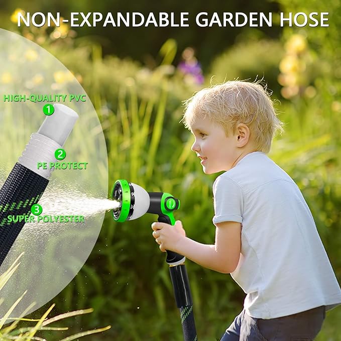 Junredy Garden Hose 25 FT, NON-EXPANDABLE Heavy-Duty Flexible & Lightweight Water Hose with 10-Function Nozzle, No-Kink, Leak-Proof Super Fabric, Solid Fittings for Lawn, Car, Outdoor (Black Green)