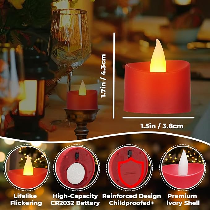 50 Pack Realistic Flameless LED Tea Lights with Red Base, Battery Operated Fake Candles with Flickering Moving Flame, Electric Votives for Valentine's Day, Wedding, Christmas, Romantic Decor