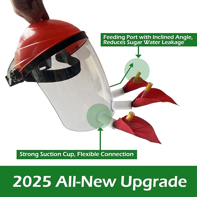 2025 Upgraded Hummingbird Feeder Helmet | Wearable Hummingbird Mask Feeder with Anti-Fog Lens & Bionic Flower | Adjustable for Adults & Teens Lightweight PVC Red