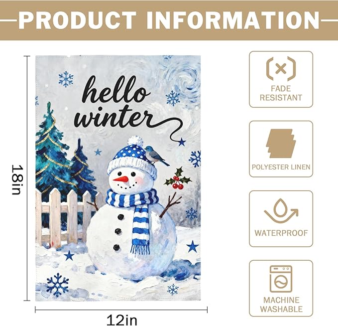 Hello Winter Snowman Garden Flag 12x18 Inch Snowflake Tree January Decorative Yard Flags for Outside Double Sided Christmas Holiday Seasonal Outdoor Home Farmhouse Decoration Porch New Year Decor
