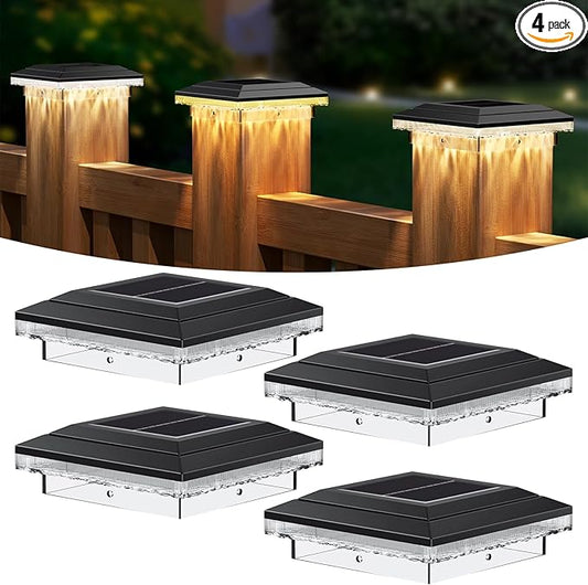 4x4 Solar Post Cap Lights Outdoor, 16 LED Fence Post Solar Lights with 3 Light Modes, Deck Post Lights Solar Powered Waterproof Fits 4x4 Posts Vinyl Wooden Posts for Deck Patio(Black, 4 Pack)