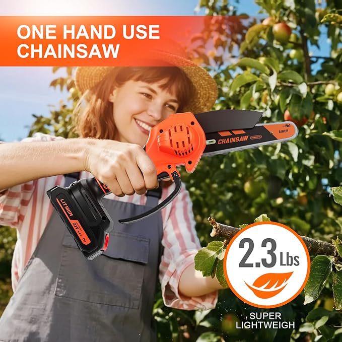 Mini Chainsaw, 6-inch Cordless Electric Small Chainsaws, Portable Handheld Chain Saw for Tree Pruning Shears Garden Maintenance, Best Fathers Day Gift for Men Dad Husband(Orange-2 Battery)