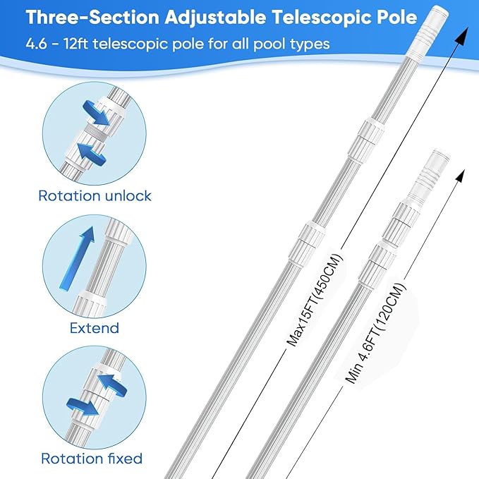 15FT Telescopic Pool Pole, Pool Skimmer Pole Heavy Duty, Adjustable 3 Piece Expandable Step-Up, Universal Pole for Skimmer Nets, Rakes, Brushes, Vacuum Heads Cleaning.