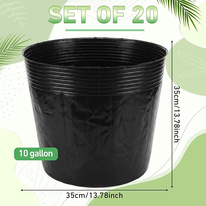 20 Pcs 10 Gallon Nursery Bags 15.8 Inch Round Nursery Plant Pots Containers Soft Plastic with Drainage Holes for Large Flowers Trees Vegetables Indoor Outdoor Women Gardening Gifts, Black