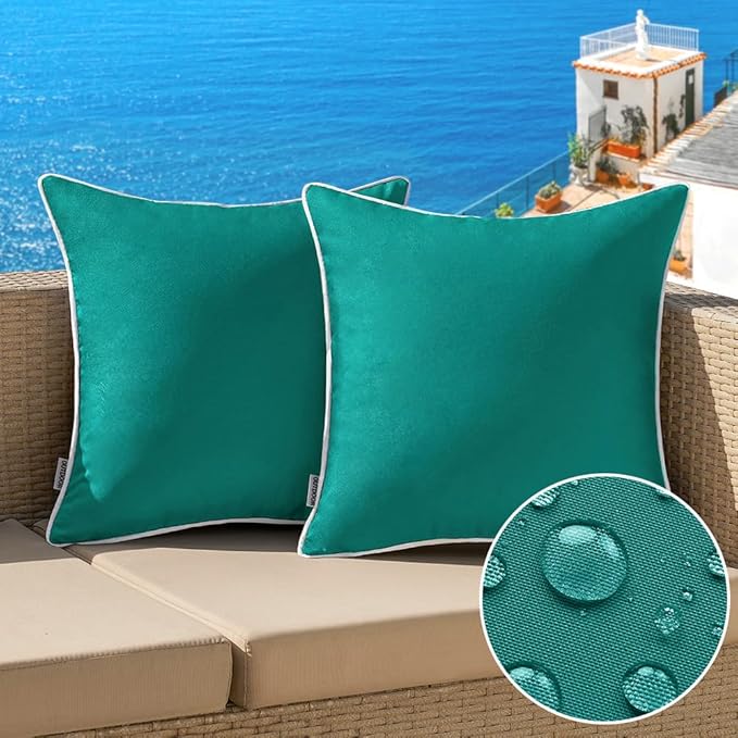 MIULEE 2-Pack Waterproof Pillow Protectors - Decorative Throw Pillow Covers, Solid Color, 20x20 Inch, Dark Teal; Ideal for Patio, Tent, Bed, Sofa, Living Room
