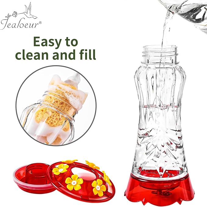 Jealoeur Hummingbird Feeder for Outdoors Hanging, 18 OZ Humming Birds Feeders with 6 Bee Guard Feeding Ports & Built-in Ant Moat, Easy to Clean, Durable Outdoor Garden Decor(Clear A 1 Pack)