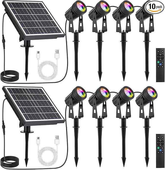 2 Set 4 in 1 RGB Solar Landscape Spot Lights Outdoor with Remote, Waterproof Solar Battery Powered Color Changing Outdoor Spotlights, Auto On/Off, for Garden Yard Path Driveway Walkway
