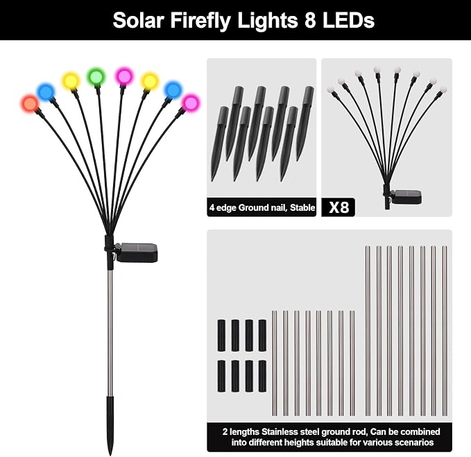 Swaying Solar Lights for Outside, 8 Mode RGB Color Changing Firefly Outdoor Waterproof, Swaying Solar Garden Lights Stakes for Christmas Holiday Yard Patio Garden Decor 8 Pack(Multicolor)