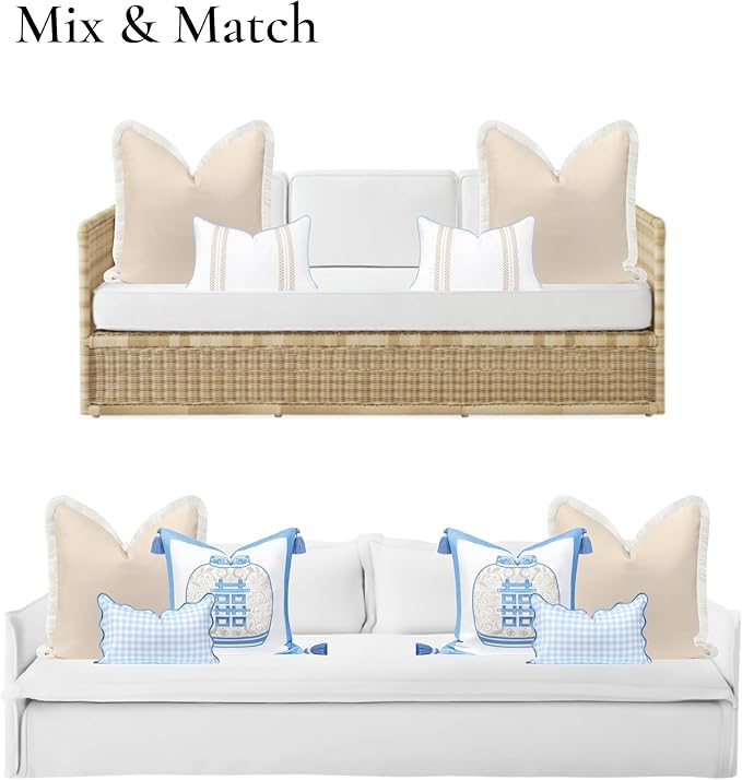Hofdeco Premium Coastal Hampton Patio Indoor Outdoor Throw Pillow Cover Only, 22"x22" Water Repellent for Backyard, Couch, Poolside, Neutral Tan Print Solid