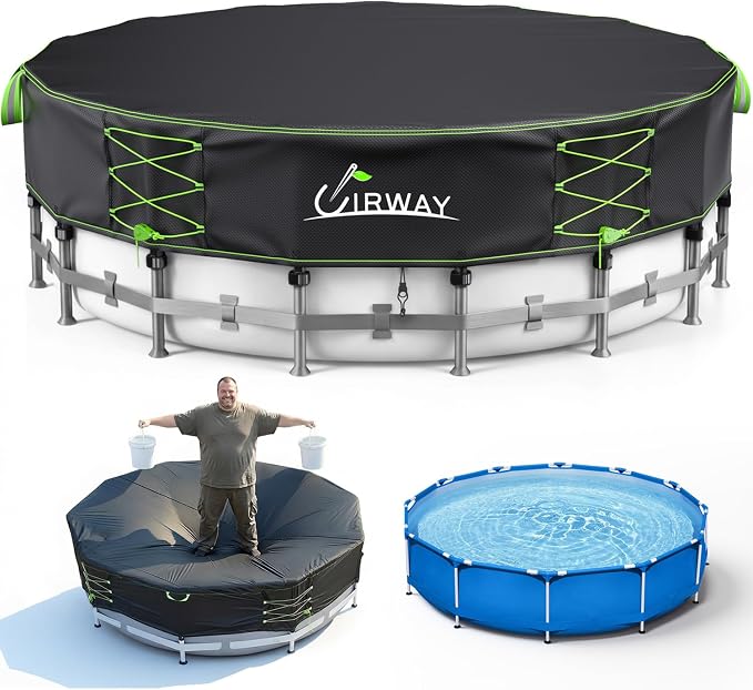 Uirway 600D Upgraded 16ft Pool Cover for Above Ground Pool, Tear Resistant Solar Pool Cover with Windproof Ratchet Locking System, Weatherproof Hard Pool Covers UV Protection, with Anti-Slip Straps