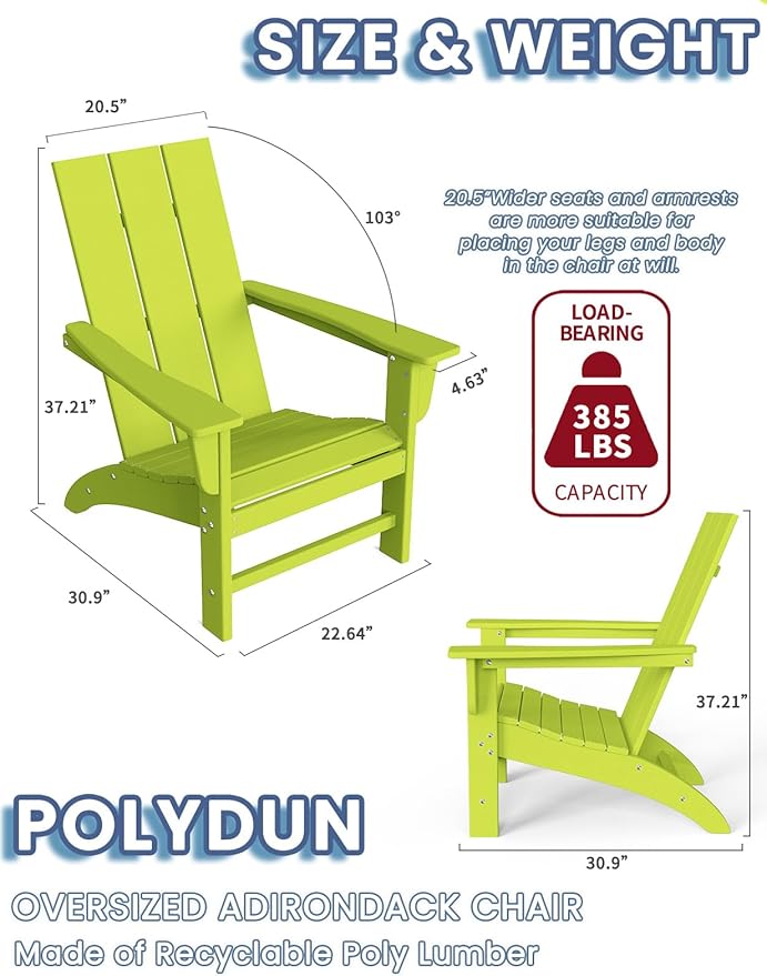 Modern Adirondack Chairs Set of 4, HDPE Plastic Patio Chairs for All Weather, Fire Pit Chair, Outdoor Lawn Chairs for Deck, Porch, Backyard, Garden, Lime