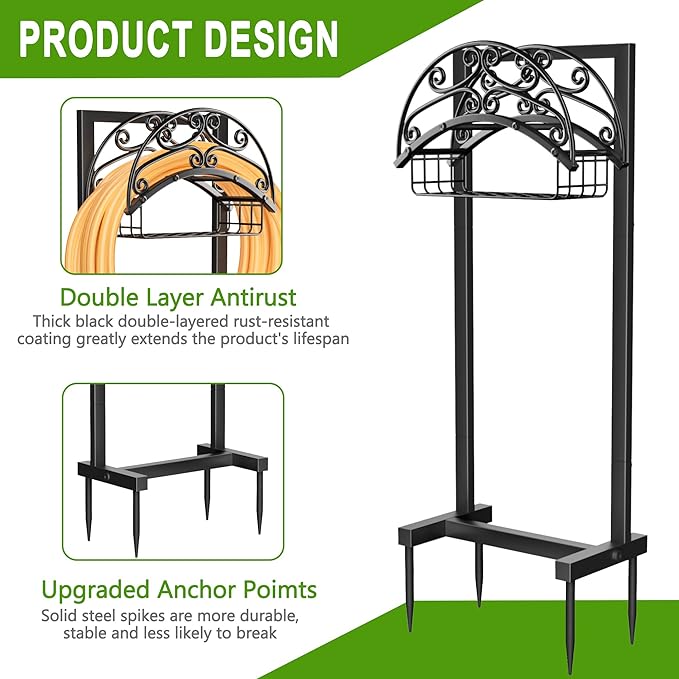 Gayuteay Garden Hose Holder – Upgraded Water Hose Stand with Storage Basket Holds 151ft, Heavy Duty Freestanding Garden Hanger Storage Rack for Outside Yard Lawn Farm